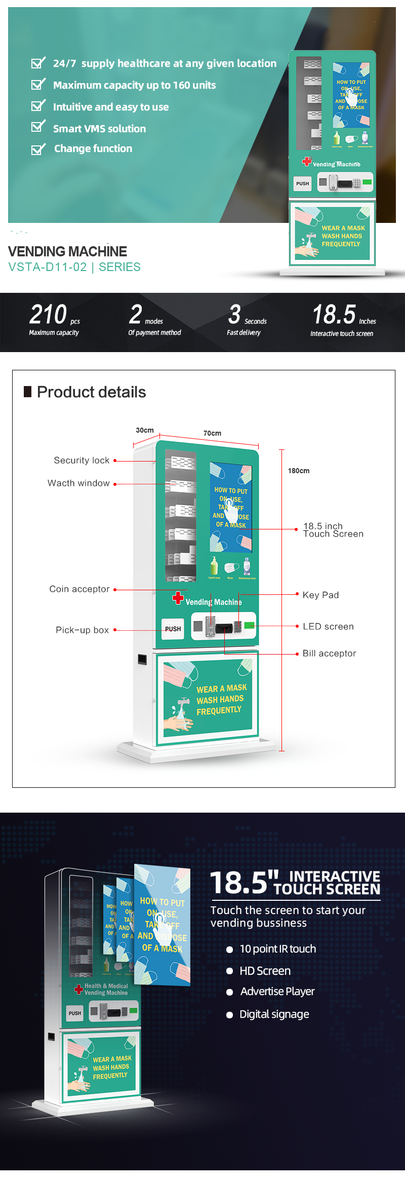 High Tech Touch Screen Drink Vending Machine 7x24 Supply