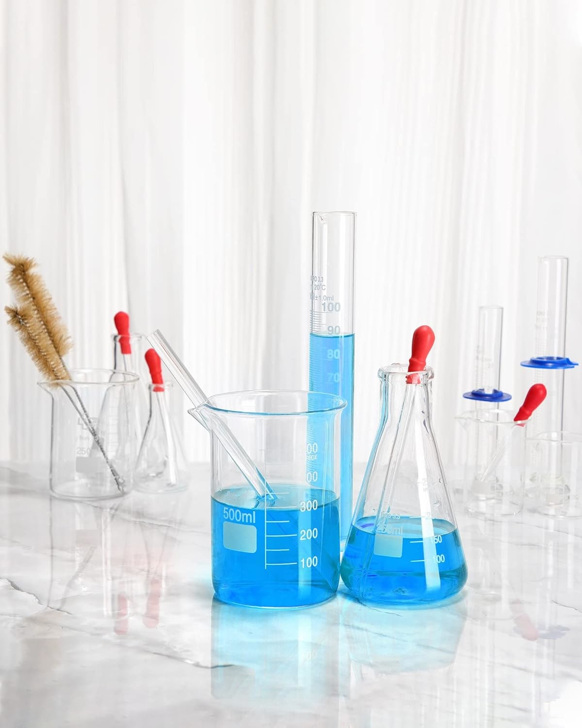 Lab Glassware Set Beaker Flask Cylinder Set Includes Erlenmeyer Flasks, Glass Beakers, Graduated Measuring Cylinders