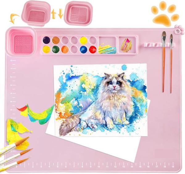 Pink Non Slip Silicone Paint Mat With Cup And Brush Kids And Artist Painting