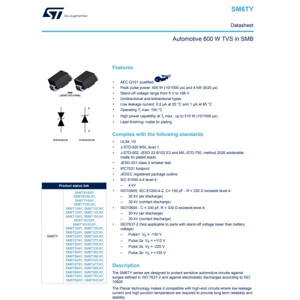 SM6T15AY 27.2V Clamp 147A (8/20µs) Ipp Tvs Diode Surface Mount SMB (DO-214AA)