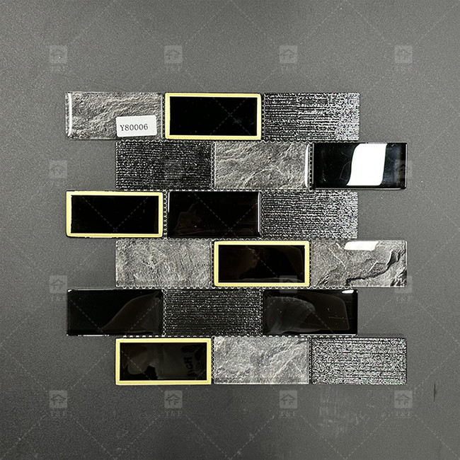 Long Strip Shape Black Glass Mosaic Tile With Metal Border Bathroom Wall Pattern Decor
