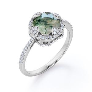 Wholesale Halo Bezel Cluster Asscher Cut Opaque Milky Moss Green Agate And Moissanite Pave Engagement Ring from china suppliers