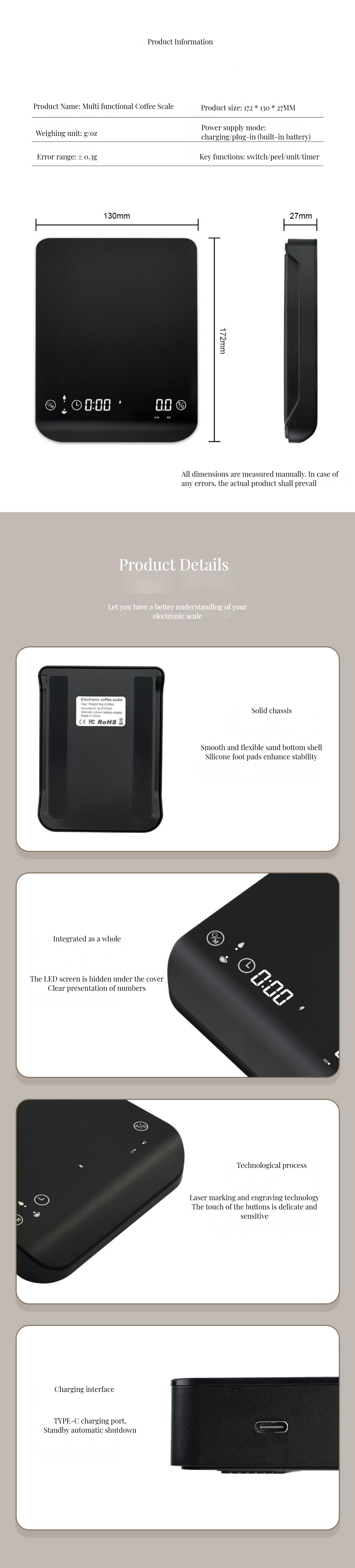 Minimalist Style 2024 Rechargeable Digital Coffee Scale with Timer and 0.1g Precision