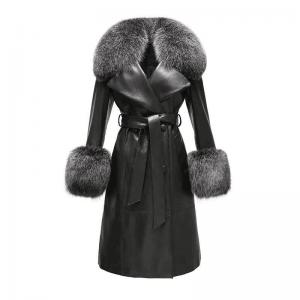 China                  Winter Fox Fur Collar Cuffs Women Long Leather Jacket Black Genuine Sheepskin Trench Leather Fur Coats for Ladies              on sale