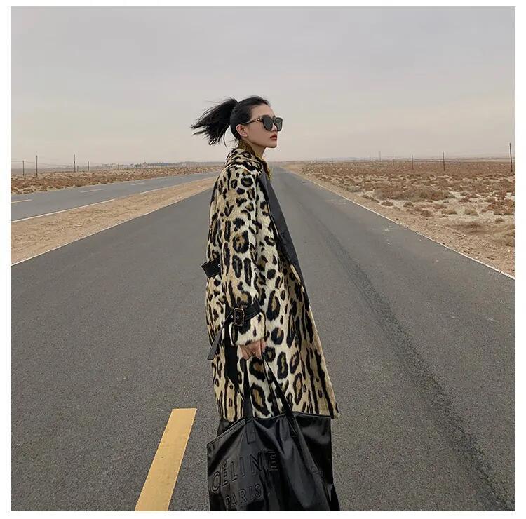 Long Faux Fur Leopard Trench Coat Trimmed Fur for Women in Winter Fur Long Line Leopard Print Winter Jacket