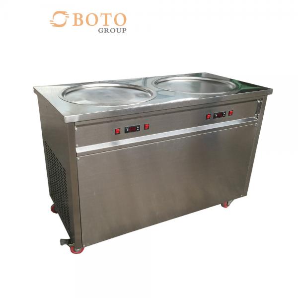 Quality Frozen Commercial Ice Cream Frying Machine With 2 Flat Pans And Imported Compressor Stainless Steel Fried Ice Cream Roll for sale
