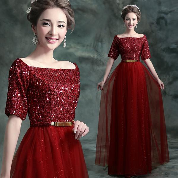 Wine Red Half Sleeves Sequined Decoration Bow Sashes Gorgeous Evening Dress