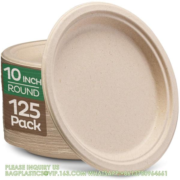 10 inch Compostable Plates Heavy-Duty Disposable Paper Plates Bagasse Natural