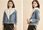 Sherpa Lining Ladies Trucker Jacket Light Wash Cotton Drop Sleeves Lapel Denim