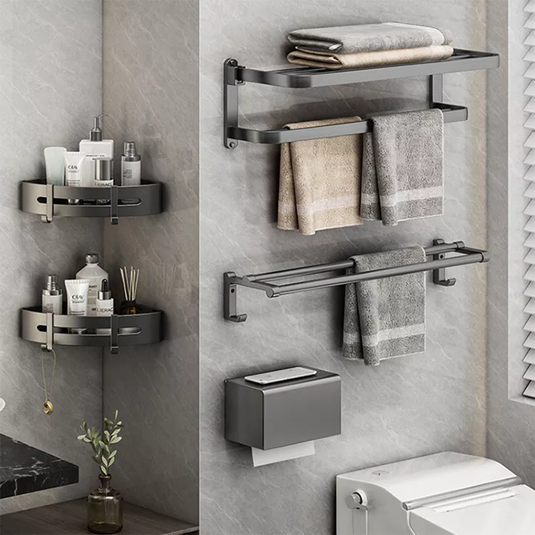 Modern Design Decor Stainless Steel Black Wall Mount Towel Rack Toilet Holder Bathroom Accessories Set Organizer