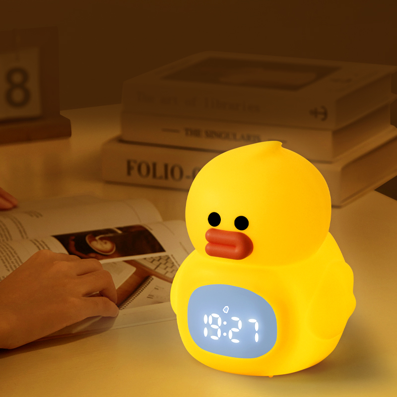Baby Kid Room Decoration Cute Portable LED Duck Silicone Alarm Clock with Night Light