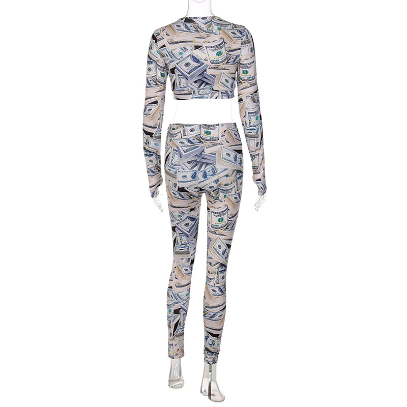 The new 2022 women's fashion casual suit collection women's long-sleeve US dollar printed top and pants can be customized logo