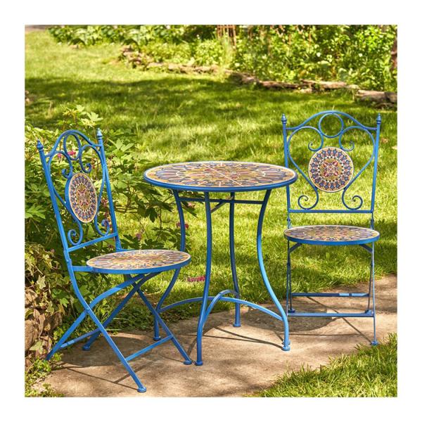 Iron Crafts Mosaic Bistro Set 3pcs Balcony Set with Foldable Table and Chair by