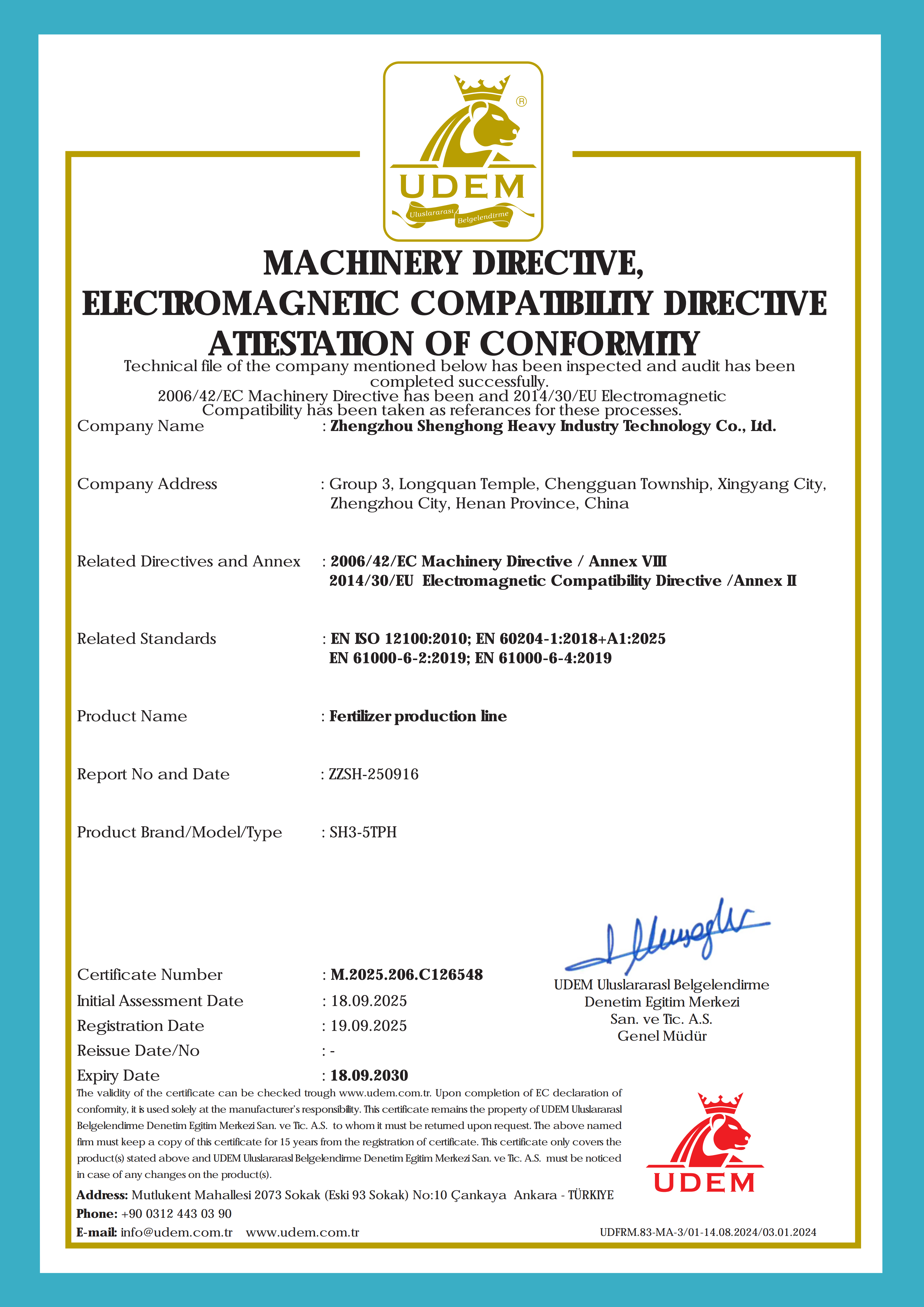ZHENGZHOU SHENGHONG HEAVY INDUSTRY TECHNOLOGY CO., LTD. Certifications