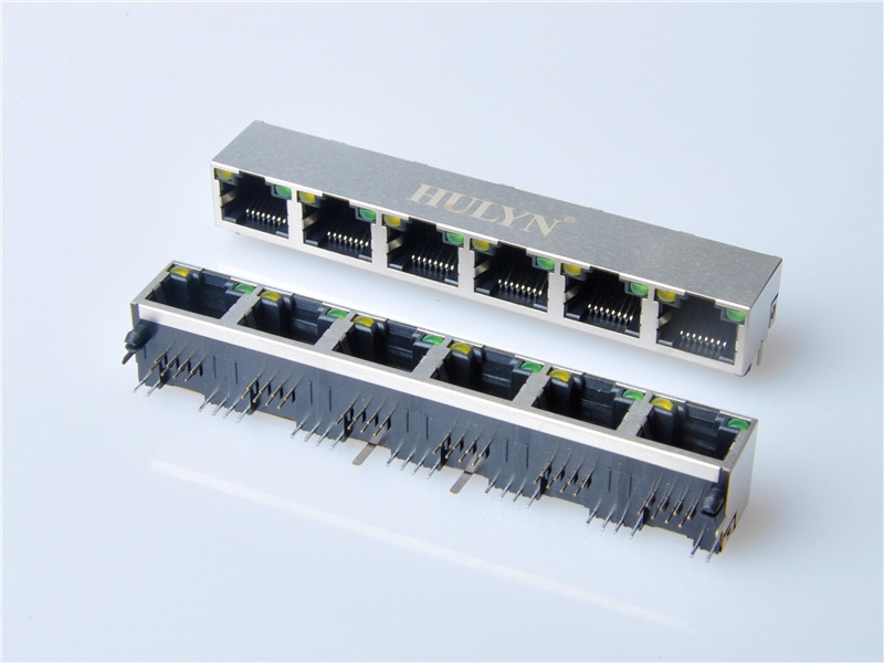 HULYN Very low profile, Shielded RJ45 Modular Jack, Through Hole Type, 1x6,with LEDs，