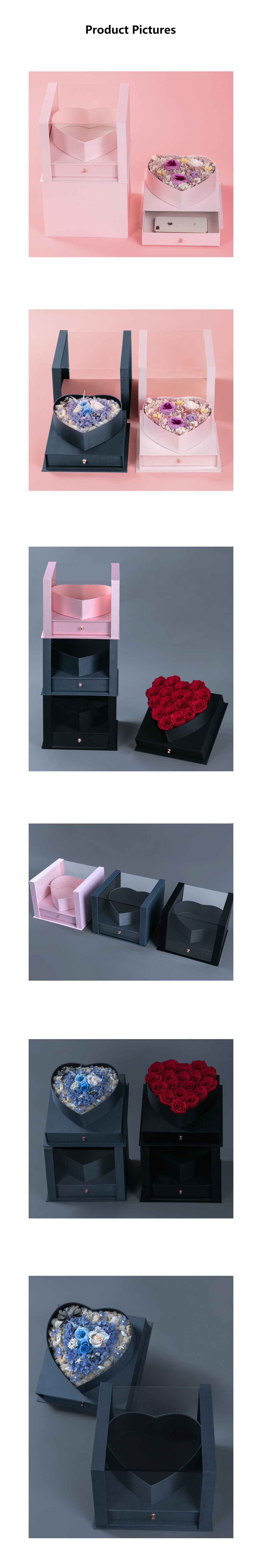 Heart Shaped Transparent Cardboard Hamper Boxes Flower Bouquet Box With Drawer OEM