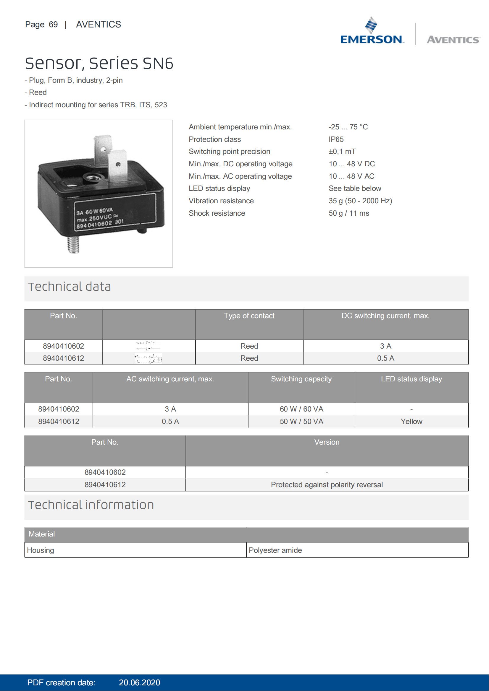 AVENTICS Sensor Series Reed Magnetic Sensor SN6 8940410602 ATEX 2 Pin