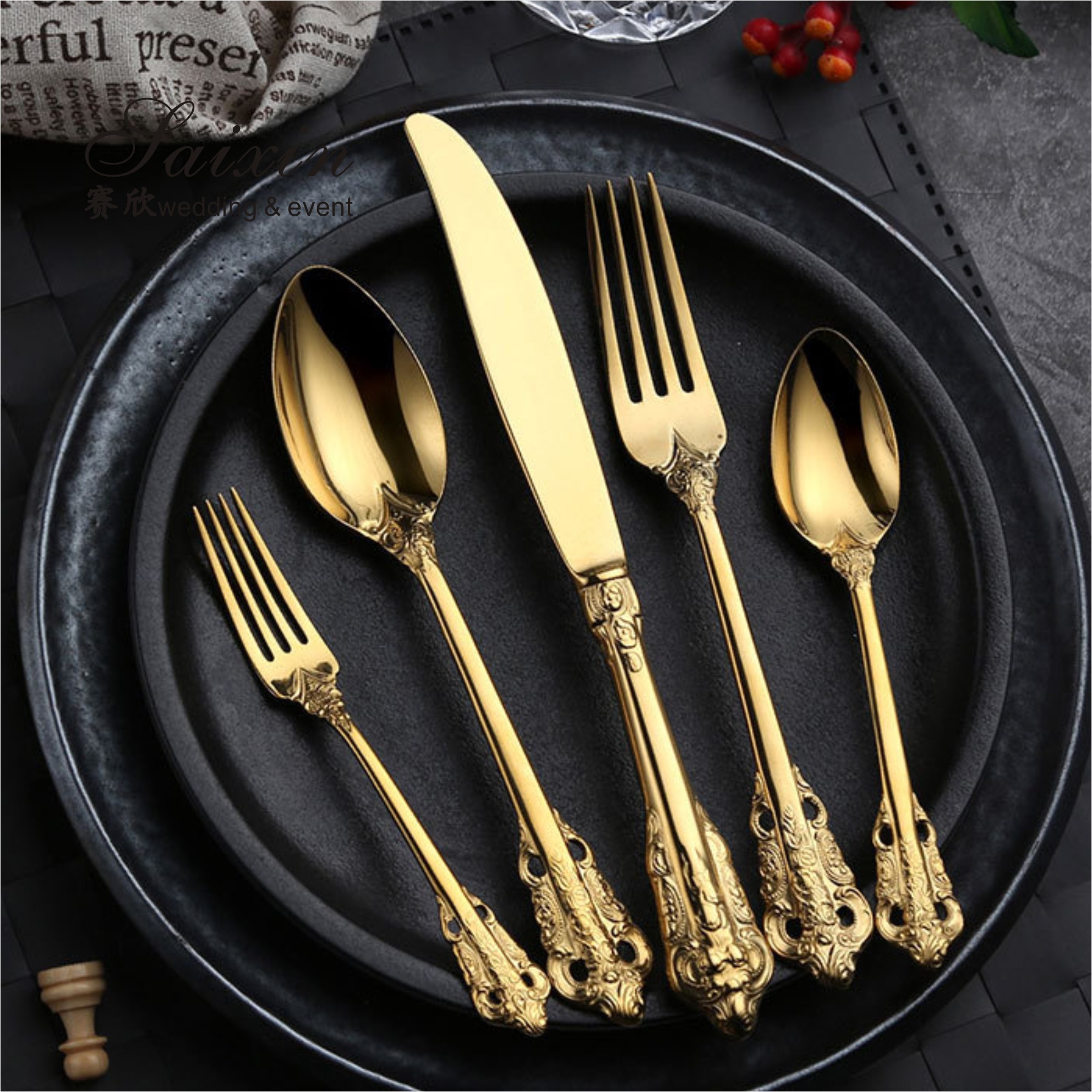 SX-GP-012 Luxury vintage stainless steel knife fork spoon 4pieces set cutlery for wedding dinner party