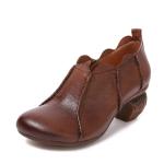 S023 Casual original single shoes leather round head thick heel handmade small