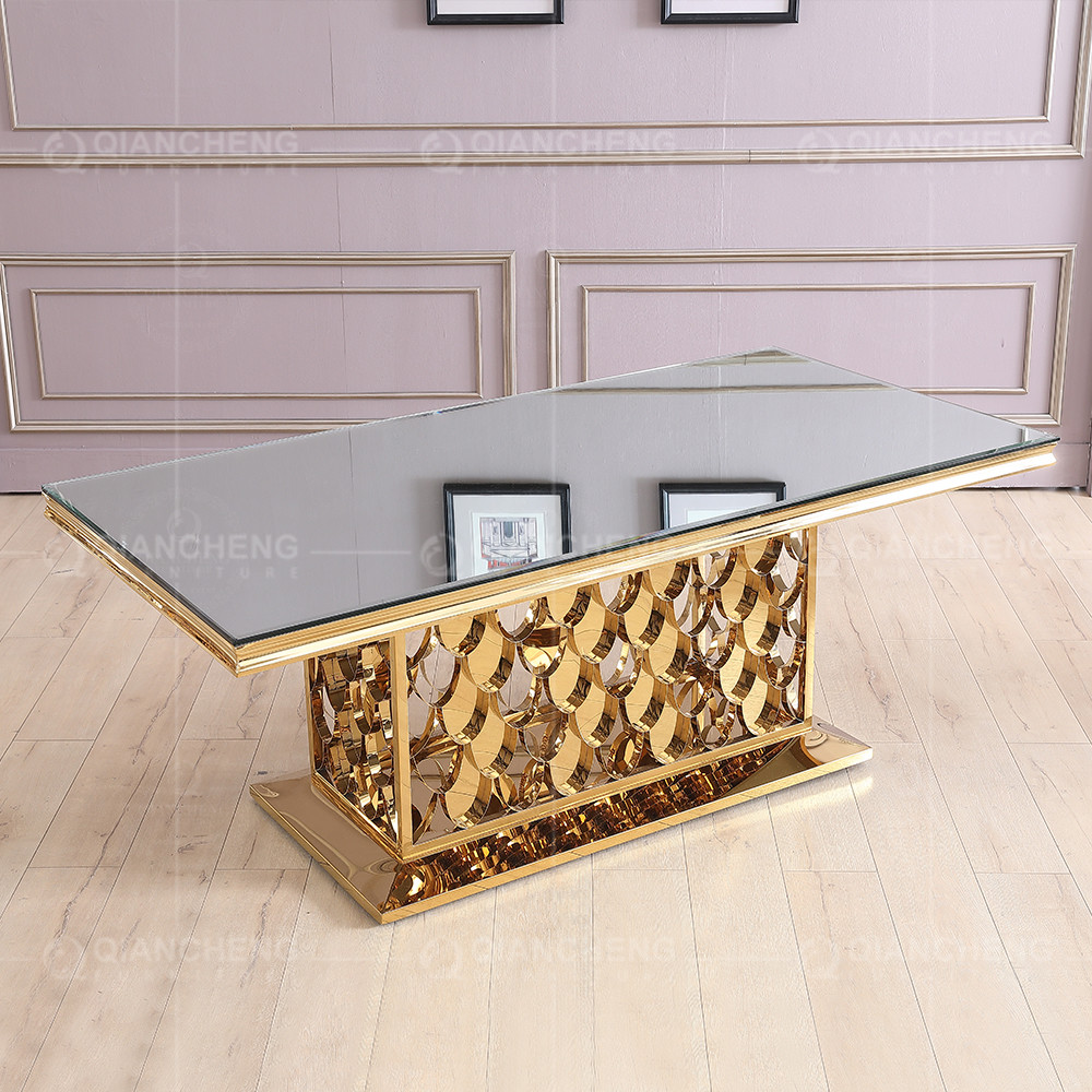 Qiancheng ODM Tempered Glass Dining Table Golden Stainless Steel For Wedding
