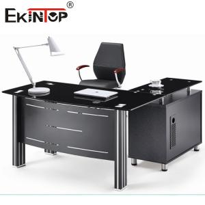 China Modern Glass Desk Top With Metal Legs And Drawer Executive Glass Table on sale