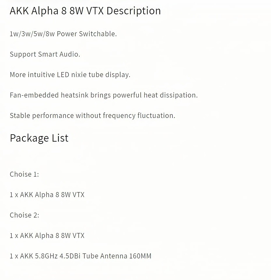 AKK Alpha 8 8W Drone VTX 5.8G 8W 5W 3W 1W 80CH Power Switchable FPV Video Transmitter Image Transmission