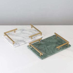Wholesale Honed Marble Rectangular Tray With Gold Metal Handle from china suppliers