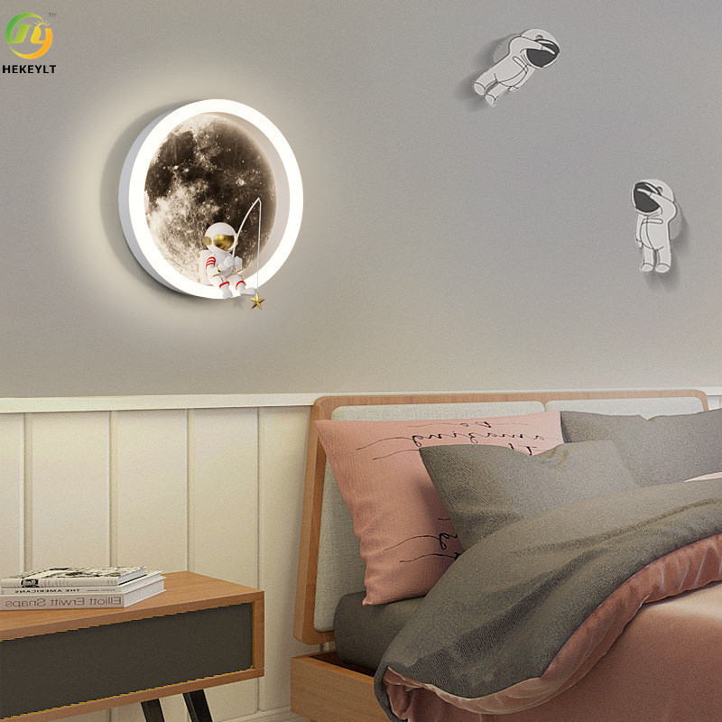 Creative Cartoon Moon Astronaut Wall Lamp Bedroom Bedside Lamp For TV Background Hallway