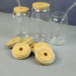 86mm Bamboo Mason Jar Lids Glass Beer Can With Glass Straw Hole