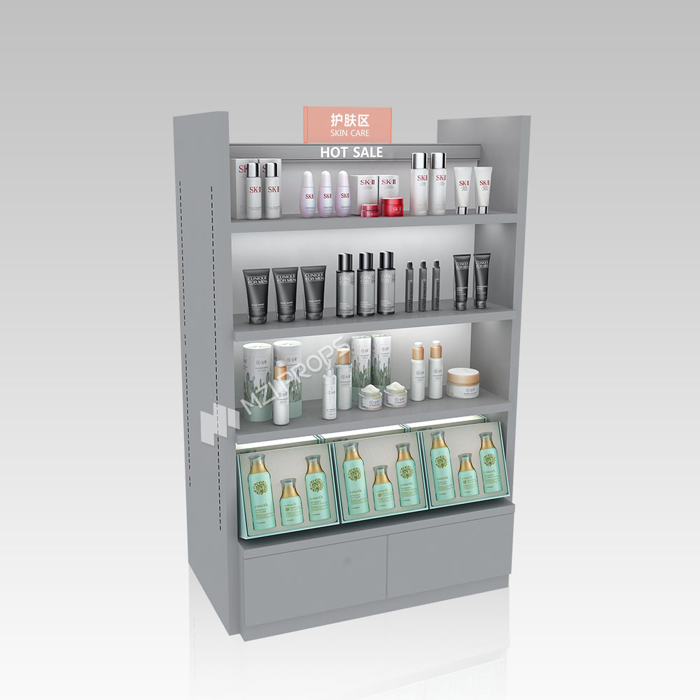 Skincare Display Cabinet Gray Wooden Beauty Store Display Rack With Adjustable Layer Board For Cosmetic Store Design