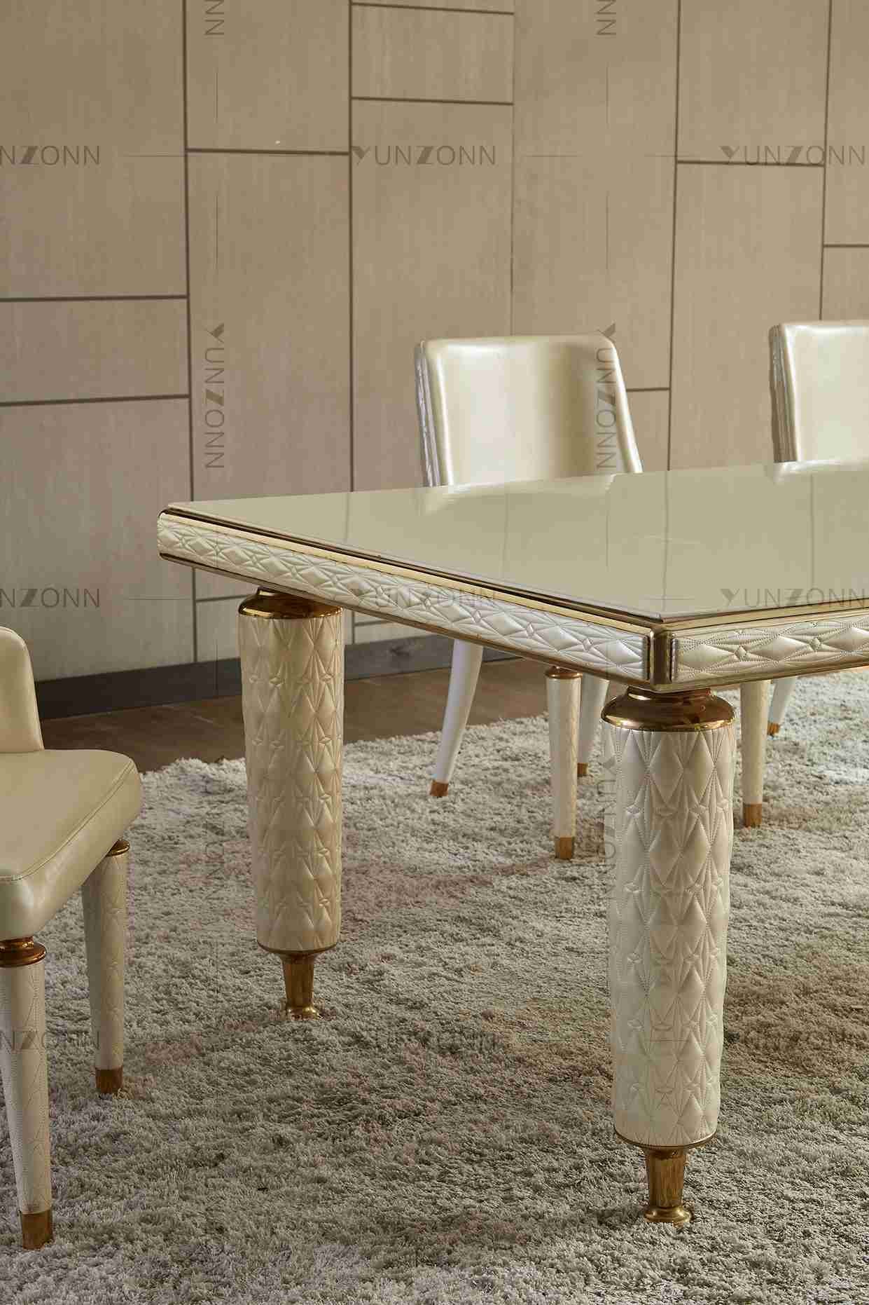 Embroidery Leather Cover Luxury Modern Dining Tables White Tempered Glass Top Stainless Steel Frame For Home