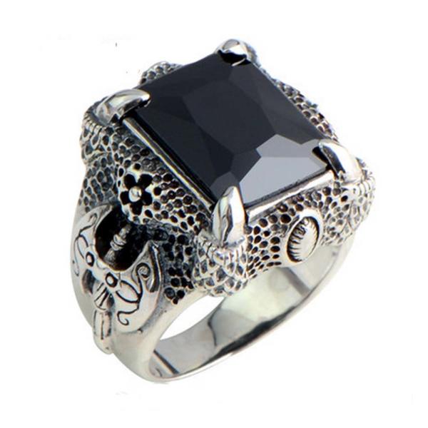Mens Thailand Retro Dragon Sterling Silver Ring with Created Black Onyx