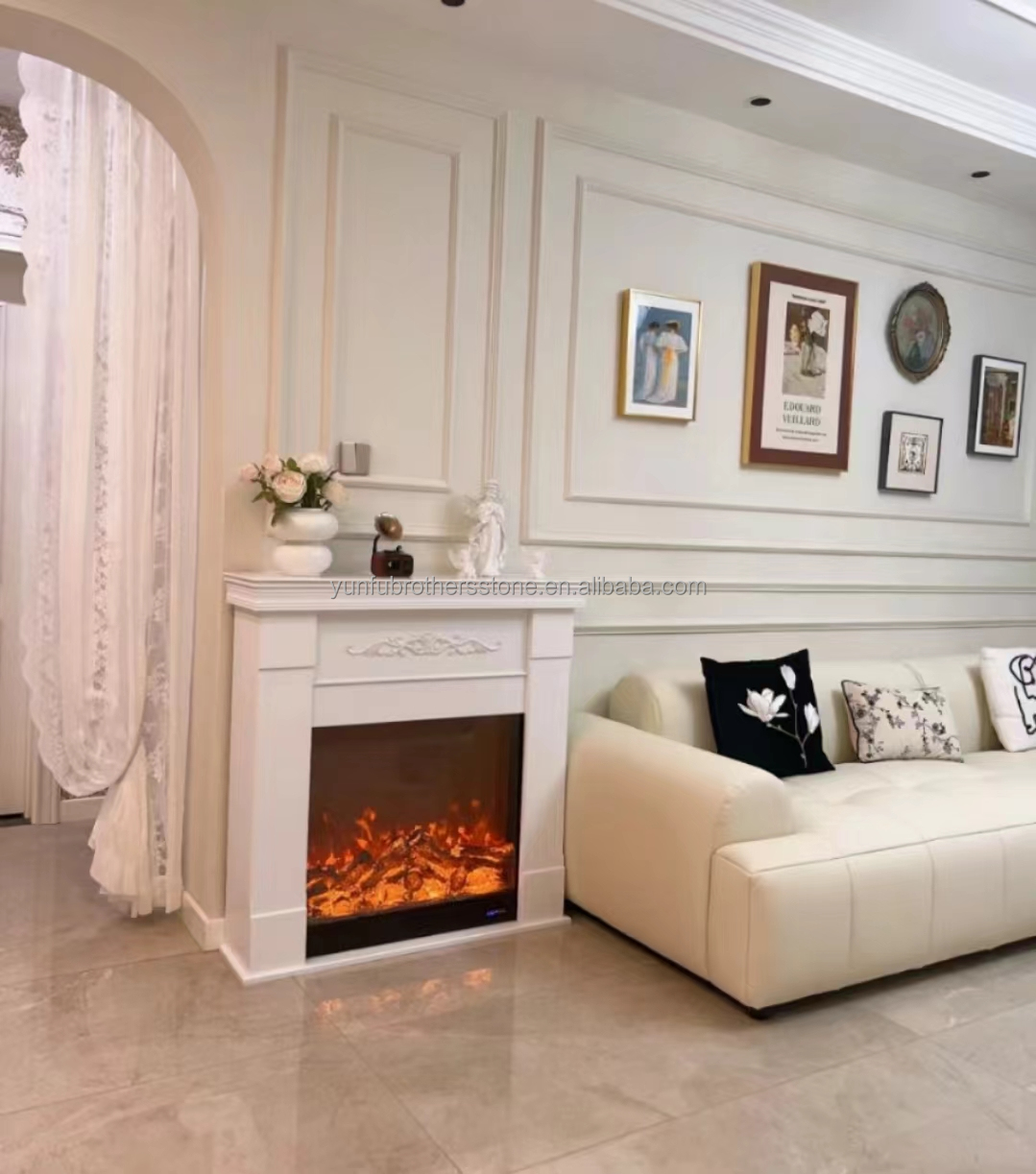 Indoor Stone Mantle for Modern Violet Marble Fireplace Surround in Luxury Living Room