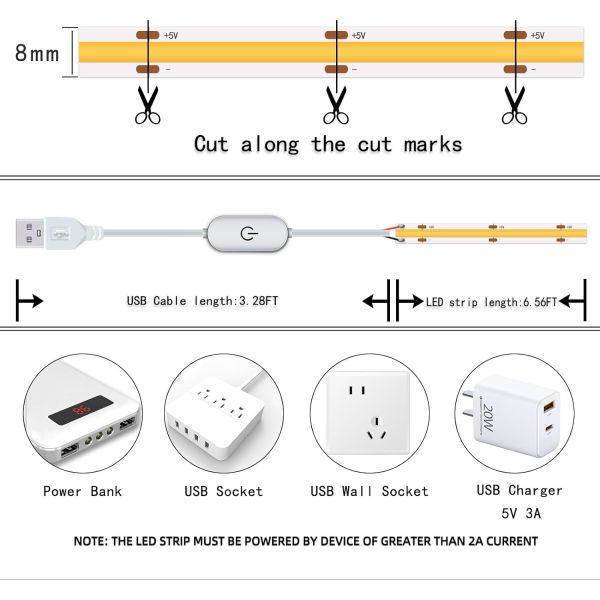 Hongtop COB Led Strip Lights 5V USB 6.56ft/2m 640LEDs Touch Stepless Dimmable 6000K White 13W