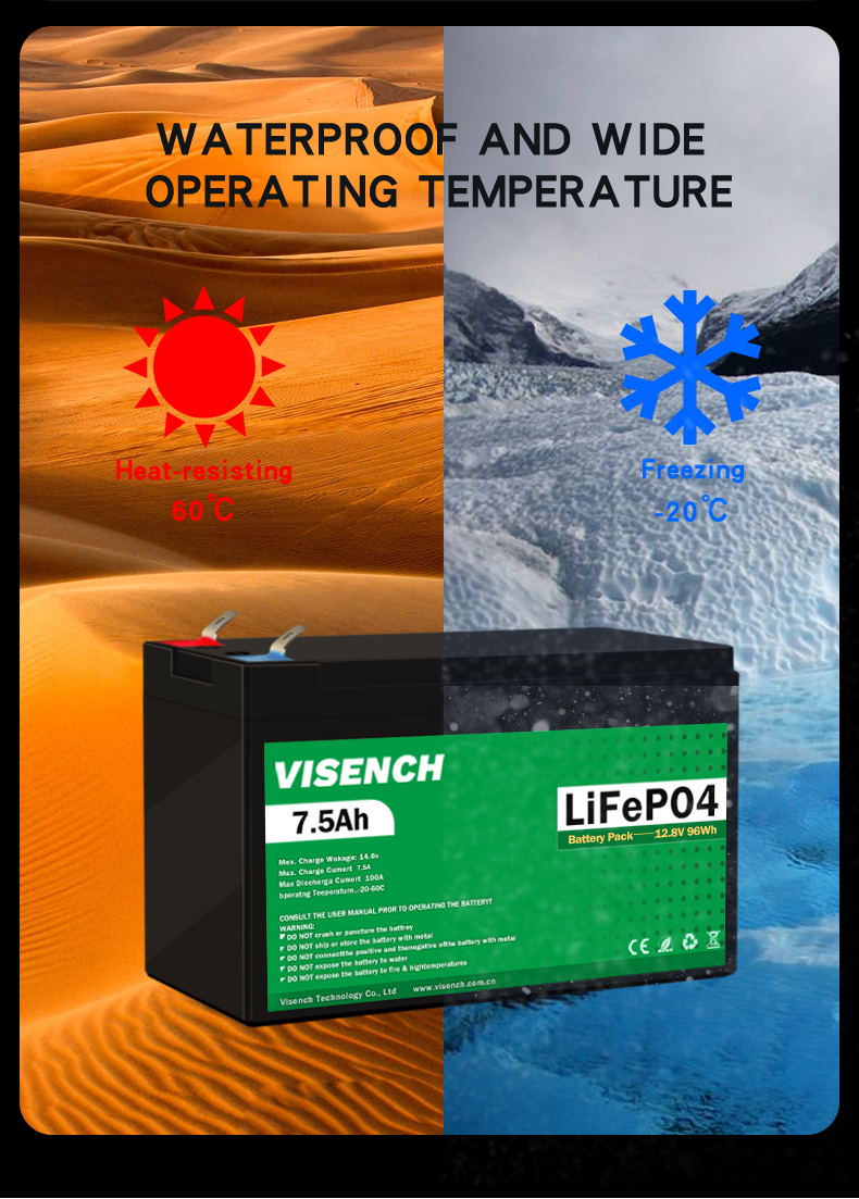 Visench Deep Cycles 12V 7.5Ah Lifepo4 Rechargeable Lithium Iron Phosphate Battery Pack