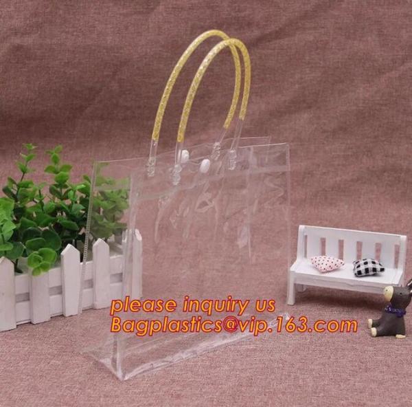 Promotion clear pvc cosmetic plastic handle bag pvc tote bags, recyclable PVC