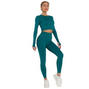 Wholesale Knitted solid color seamless long sleeved pants yoga suit fitness pants women from china suppliers