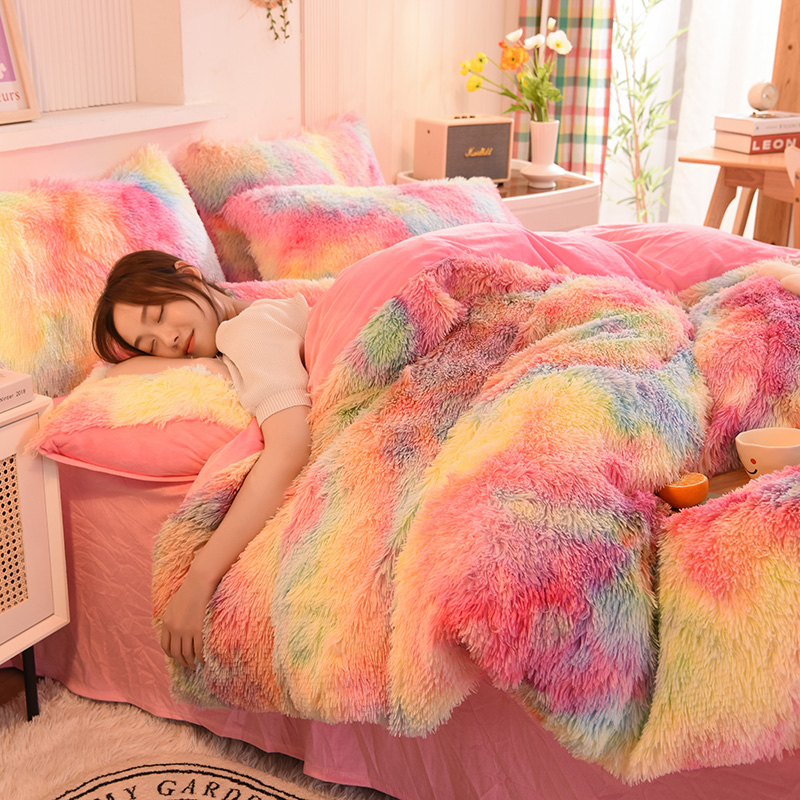 Modern Style Rainbow Color Shaggy Mink Velvet Crystal Velvet Bedding Duvet Cover Sets