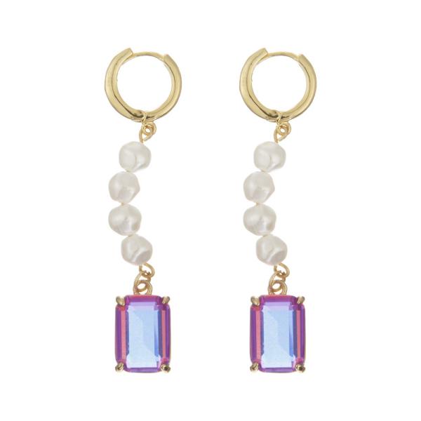 Stainless Steel Pearl Pendant Crystal Stone Hoop Earrings Rectangular Gold