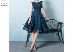 China Navy Blue Lace Short Length Prom Dresses Knee Length Sleeveless And Beading on sale