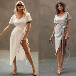 China Clothing Fashion Women White T-shirt Wrap Midi Dress with Slit on sale