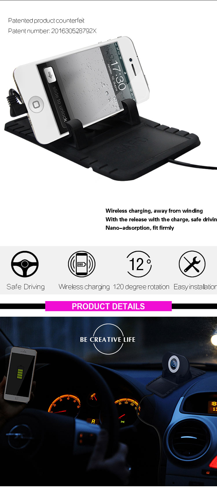 Wireless Mobile Phone 4cm 7.5W Micro Usb Car Mount