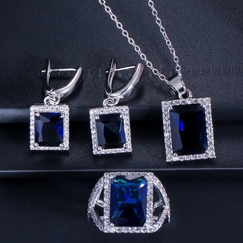 Fashion Square Shiny Rhinestones Necklace Ring Earrings Wedding Jewelry Elegant Luxury New Women Jewelry Sets