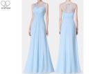 Light Blue Wedding Bridesmaid Dresses Shoulder See Through Tulle Chiffon Fabric