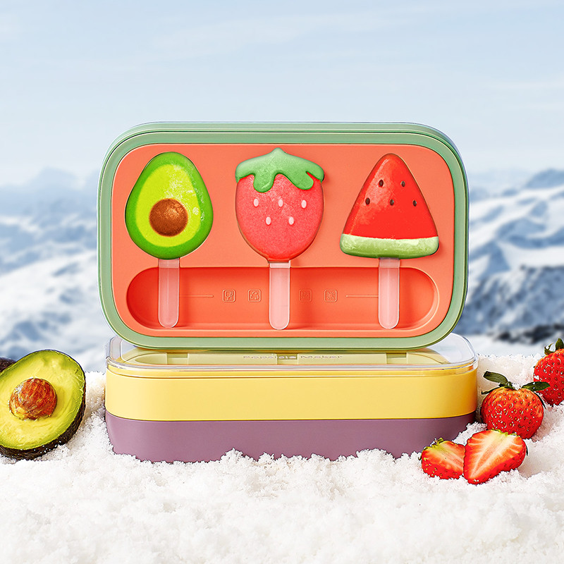 DIY Cartoon Fruit Shape Ice Cream Mold 3 grids Silicone Popsicle Mold Food Grade Ice Mould with Seal lid