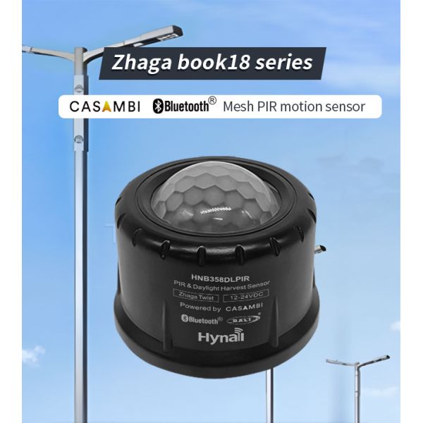 Zhaga book18 based CASAMBI BLE mesh PIR motion sensor, DALI-2 output, self-contained "application controller", highbay detection range, with Daylight