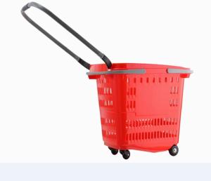 Wholesale Plastic Red Shopping Basket With Wheels Trolley Grocery Store Carts 50L from china suppliers