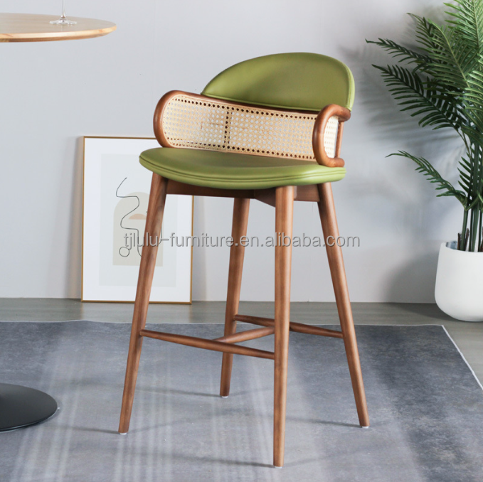 Modern Wood Bars Chairs Rattan High Bar Stools for Kitchen Dining Room Restaurant Green/Orange and Commercial Furniture