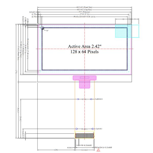 2.42-Inch OLED Display 128x64 Yellow Fonts PMOLED Screen SSD1309 Controller SPI+IIC Interface