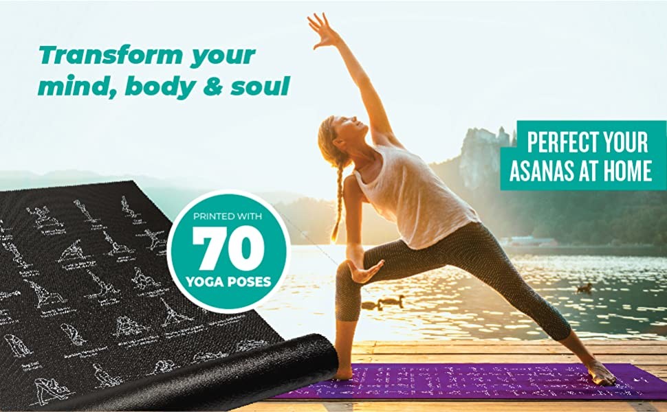 24" X 68" Instructional Non Slip Eco Friendly 70 Printed Poses Yoga Mat for Men and Women